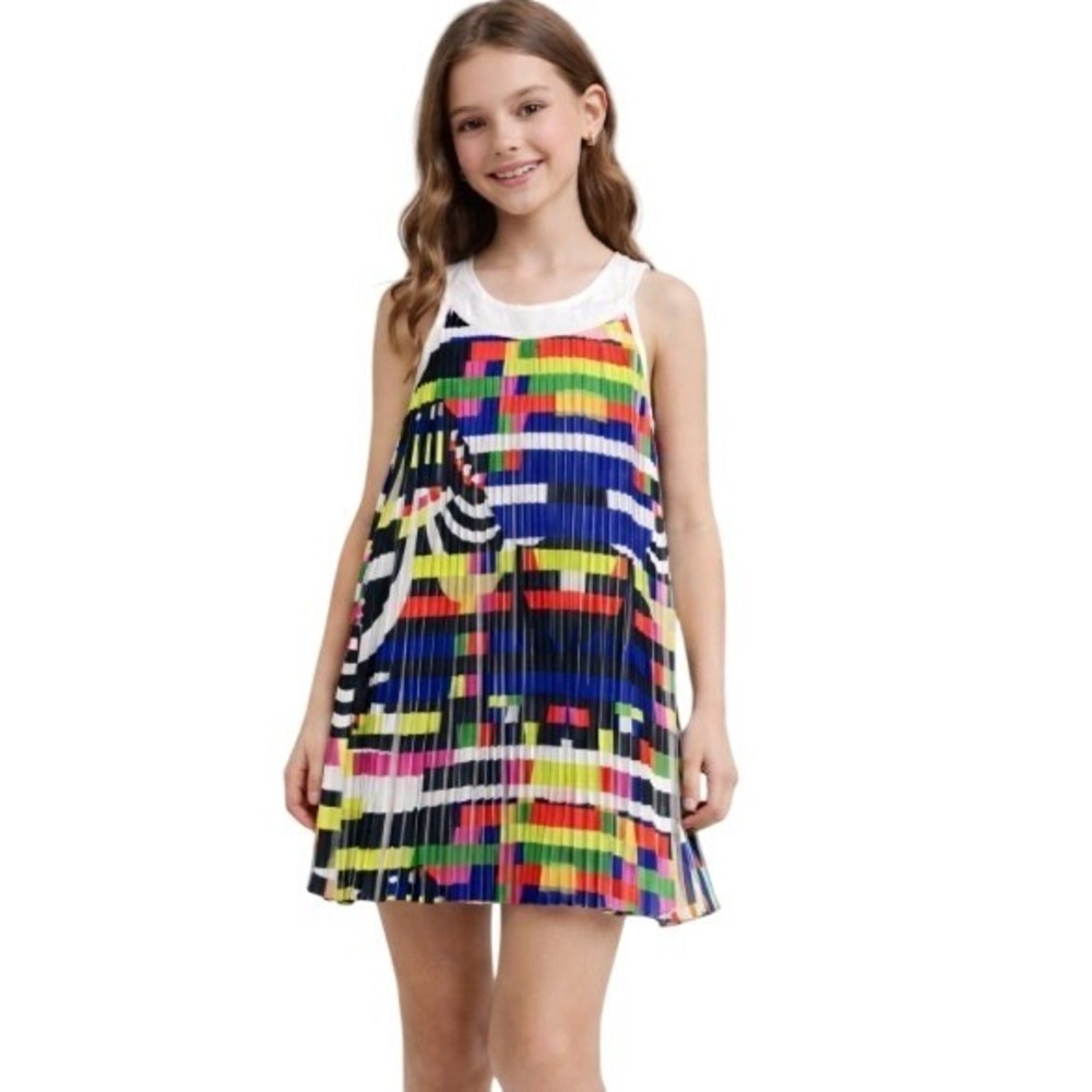Nicole Miller Dress Girls M Rainbow Geometric Accordian Pleated Sleeveless Party